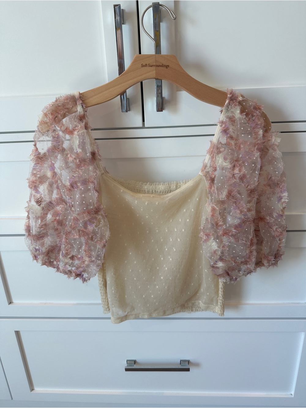 Cream Smocked Crop Top with Pink Feathered Puff Sleeves - Picture 2 of 4